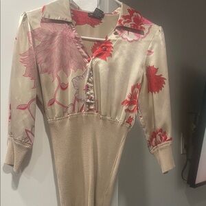 Chic Floral Satin Blouse - Red and Cream